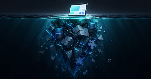 Un portatile acceso galleggia sul mare come la punta di un iceberg; sotto la superficie, un groviglio di cavi, blocchi incrinati, database e pezzi di puzzle